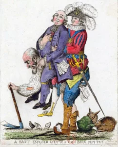 Caricatura de las tres clases sociales durante la Revolución Francesa, 1789