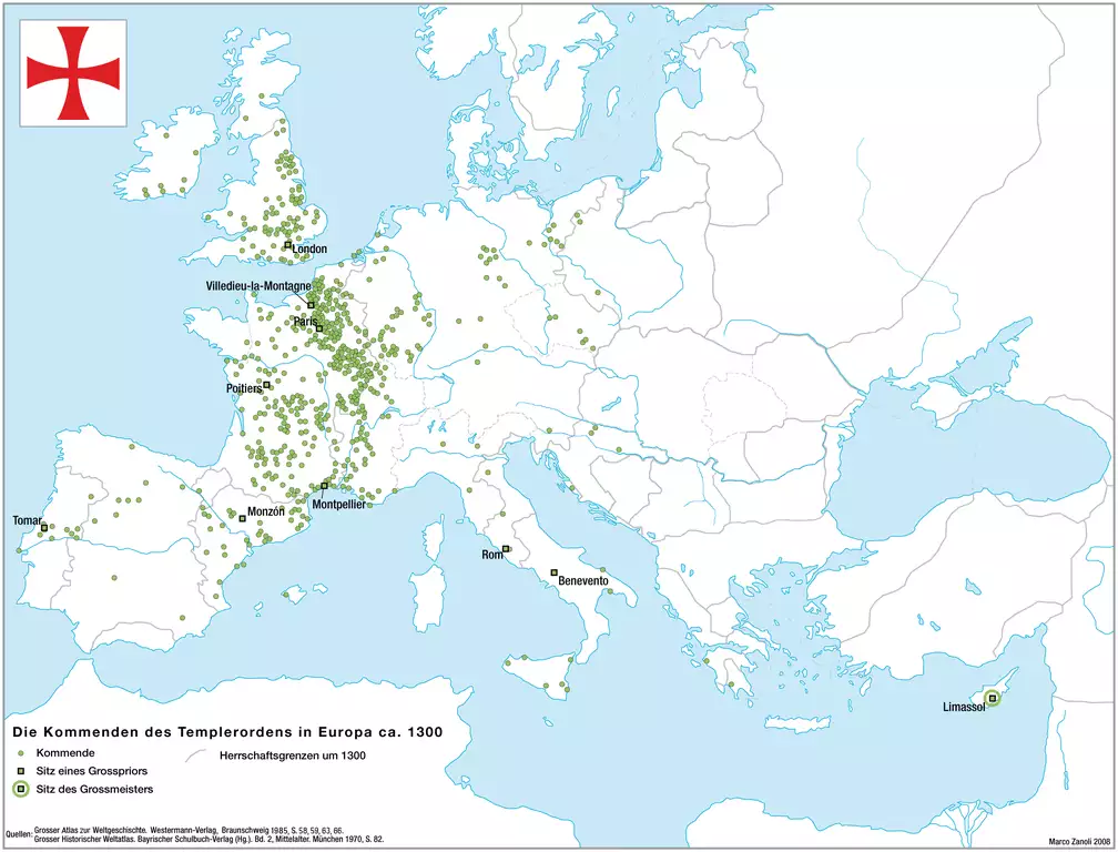 Mapa de las posesiones europeas de los caballeros templarios en el 1300