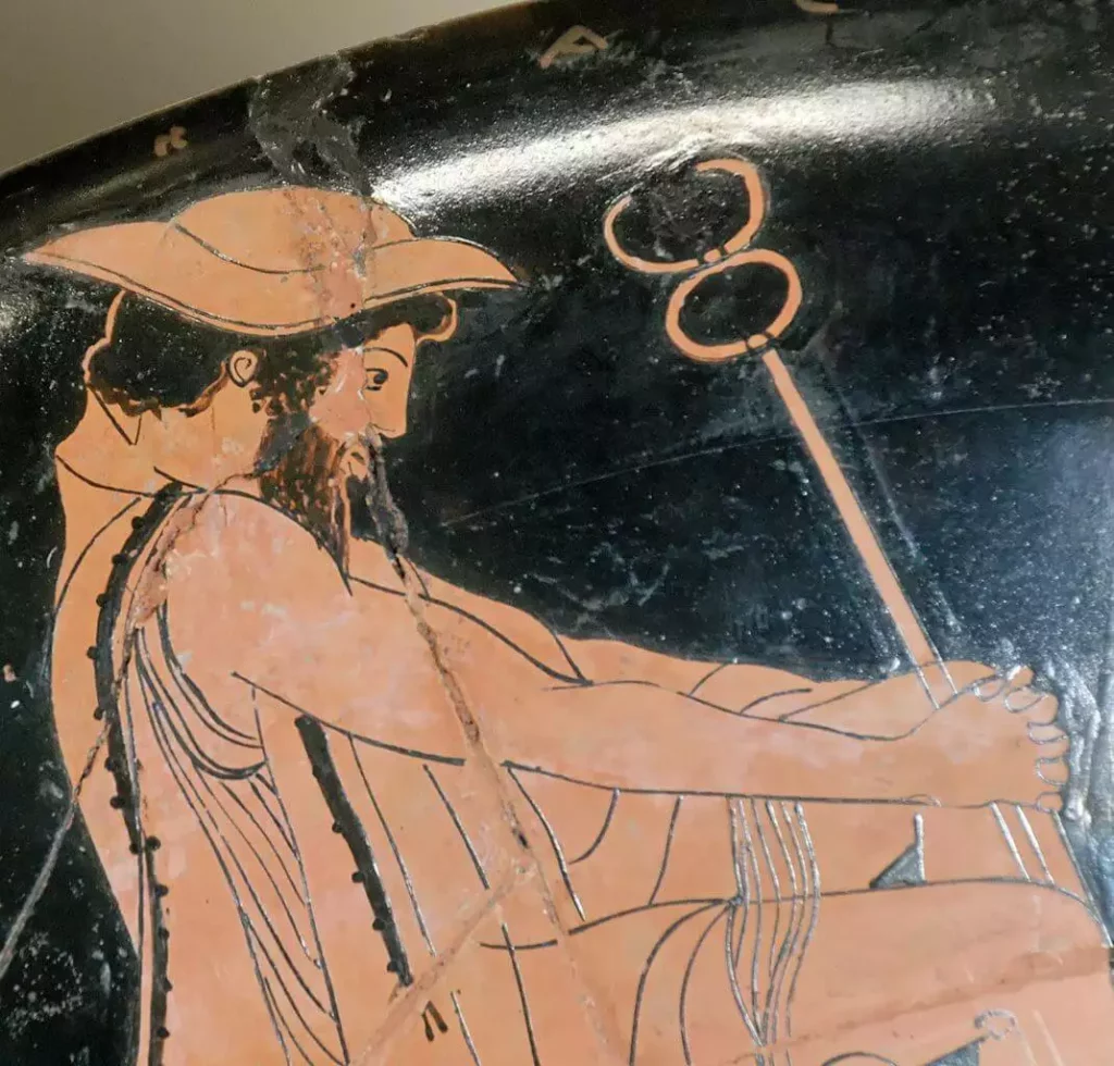 Cerámica griega representando a Hermes como embajador ante Aquiles, Ático, 480 a. C. Cerámica griega representando a Hermes como embajador ante Aquiles, Ático, 480 a. C.