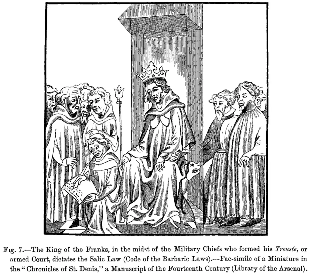 Clodoveo I dictando la ley sálica en las Crónicas de San Dionisio