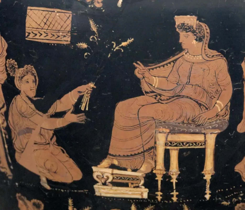 Cerámica griega de Démeter y Metanira del 340 a. C., Museo de Altes