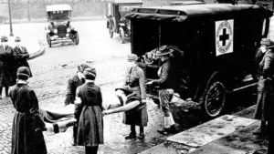 Ambulancia recogiendo víctimas de la gripe en 1919