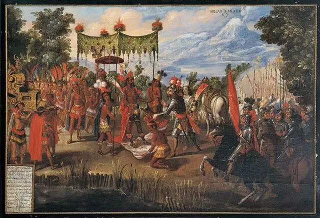 Pintura del siglo XVII retratando la reunión entre Cortés y Moctezuma