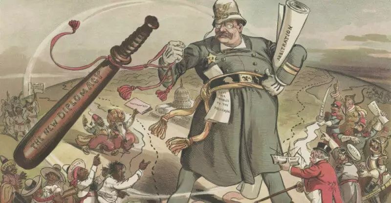 Caricatura estadounidense de 1904 representando la política de Roosevelt