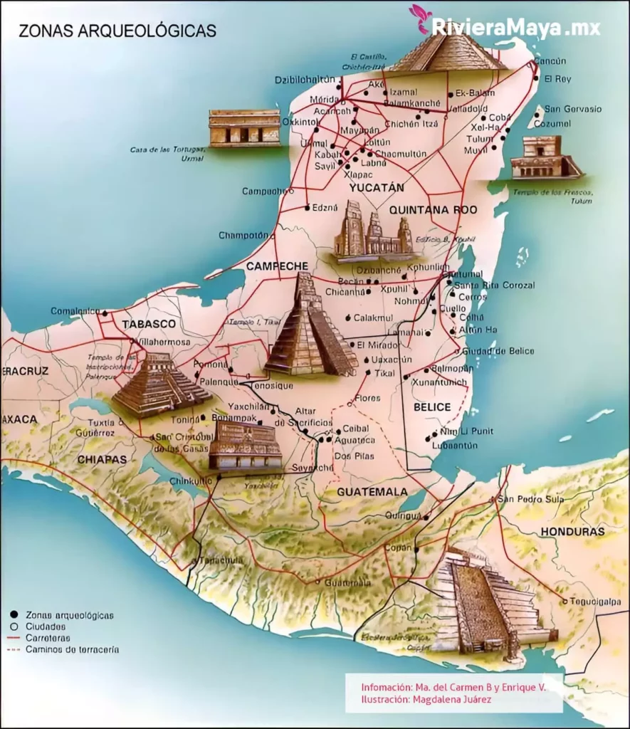 Mapa de las zonas arqueológicas mayas a lo largo de la riviera
