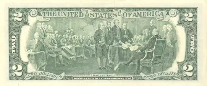 Billete de dos dólares conmemorando la Declaración de Independencia