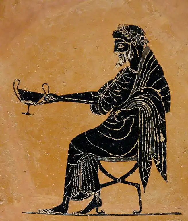 Dionisio sentado sosteniendo un cántaro. Figura al interior de una jarrón ático.