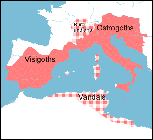 Imperio de Teodorico el Grande hacia el 523, dirigido por el reino bárbaro ostrogodo
