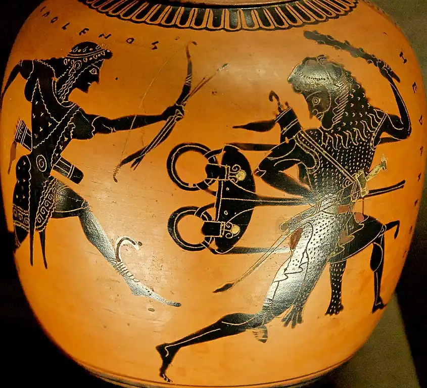 Robo del trípode de Apolo por Hércules, figuras áticas del 520 a. C.