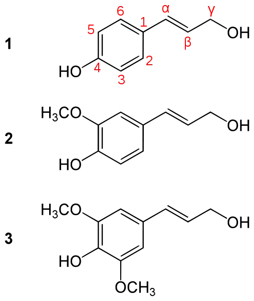 Estructuras del alcohol paracumarílico, alcohol coniferílico y alcohol sinapílico