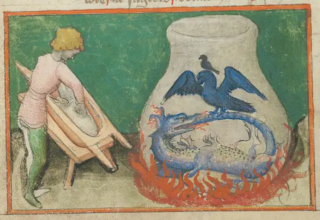 Alquimia siglo XV Ilustración de un uroboro en el manuscrito bajo medieval del siglo XV, Aurora consurgens