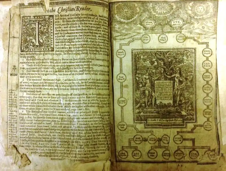 Genealogías de John Speed ​​registradas en las Sagradas Escrituras (1611), encuadernadas en la primera Biblia King James en tamaño cuarto (1612)