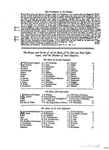 Biblia jacobina Índice de contenido de la biblia del Rey Jacobo, incluyendo el listado de libros apócrifos