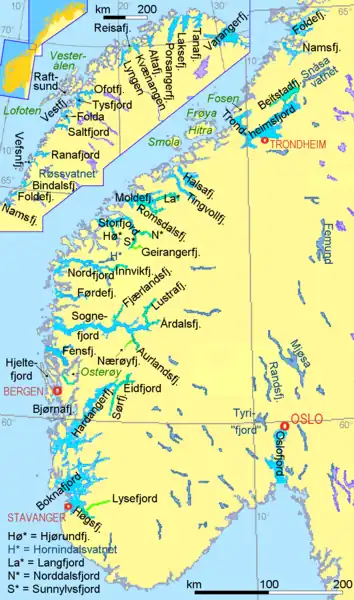 Fiordos de Noruega Distribución geográfica de los Fiordos de Noruega, uno de los países con mayor presencia de fiordos
