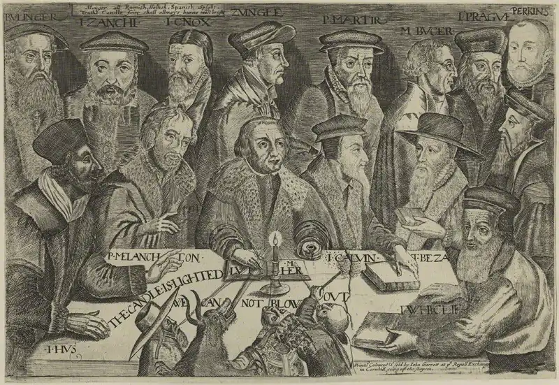 Detalle del siglo XVII (luego de 1673) con las principales figuras del calvinismo, por John Garrett